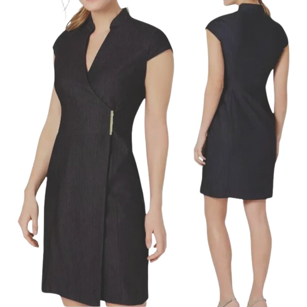 Calvin Klein Cap Sleeve Wrap Dress Charcoal Gray 10 EUC Sheath Midi Career Lined